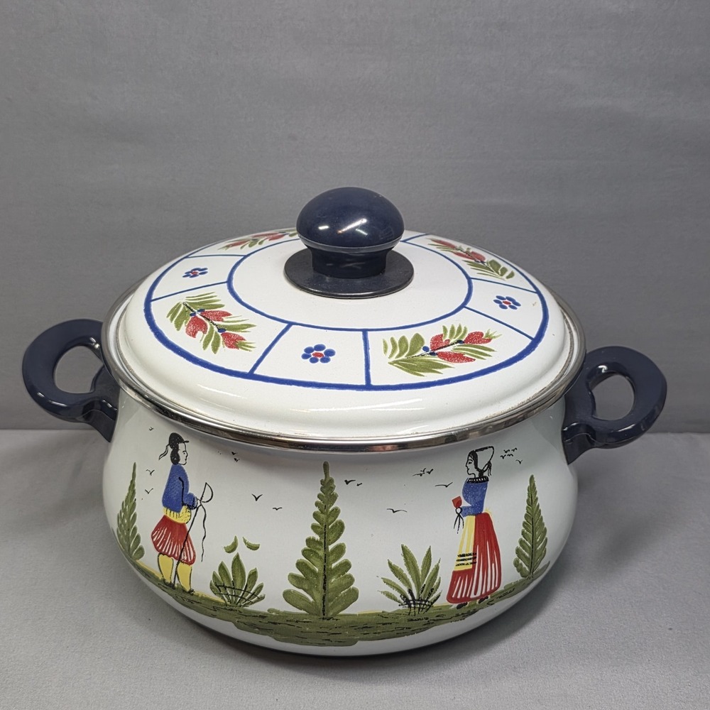 RARE‎ Henriot Quimper Metal Dutch Oven Enamelware Breton Man & Woman Lady Pot HB